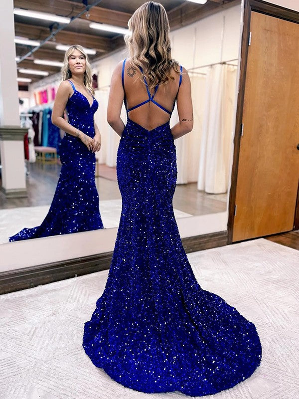 Sheath/Column Velvet Sequins Ruched V-neck Sleeveless Sweep/Brush Train Prom Dress