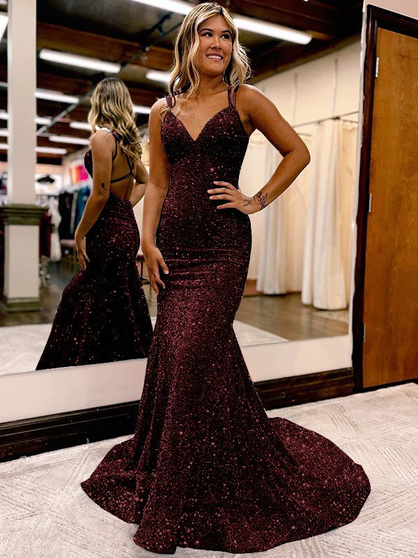 Sheath/Column Velvet Sequins Ruched V-neck Sleeveless Sweep/Brush Train Prom Dress