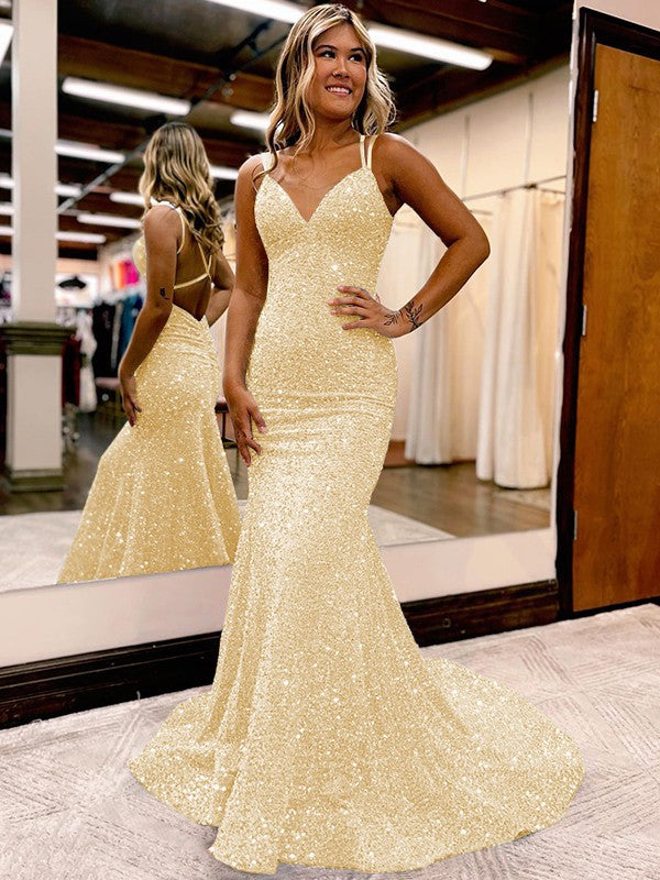 Sheath/Column Velvet Sequins Ruched V-neck Sleeveless Sweep/Brush Train Prom Dress