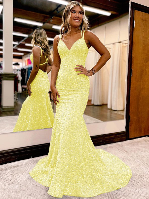 Sheath/Column Velvet Sequins Ruched V-neck Sleeveless Sweep/Brush Train Prom Dress