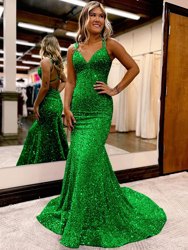 Sheath/Column Velvet Sequins Ruched V-neck Sleeveless Sweep/Brush Train Prom Dress