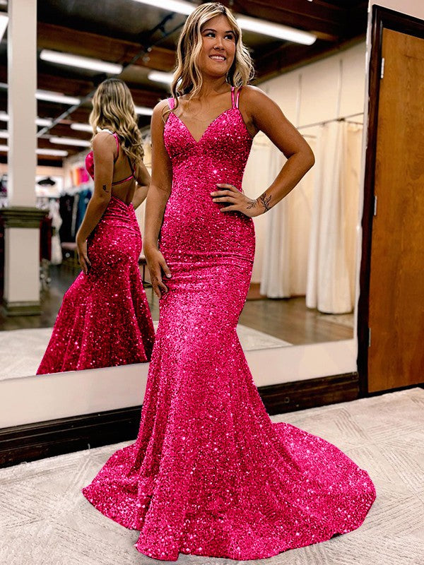 Sheath/Column Velvet Sequins Ruched V-neck Sleeveless Sweep/Brush Train Prom Dress