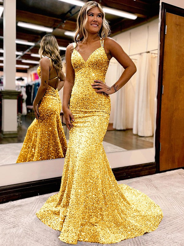 Sheath/Column Velvet Sequins Ruched V-neck Sleeveless Sweep/Brush Train Prom Dress