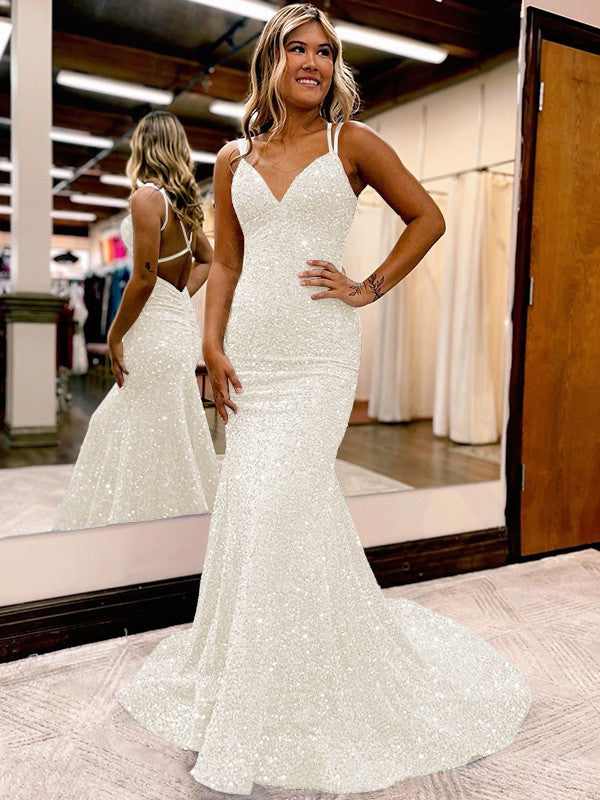 Sheath/Column Velvet Sequins Ruched V-neck Sleeveless Sweep/Brush Train Prom Dress