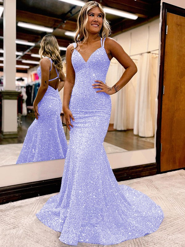 Sheath/Column Velvet Sequins Ruched V-neck Sleeveless Sweep/Brush Train Prom Dress