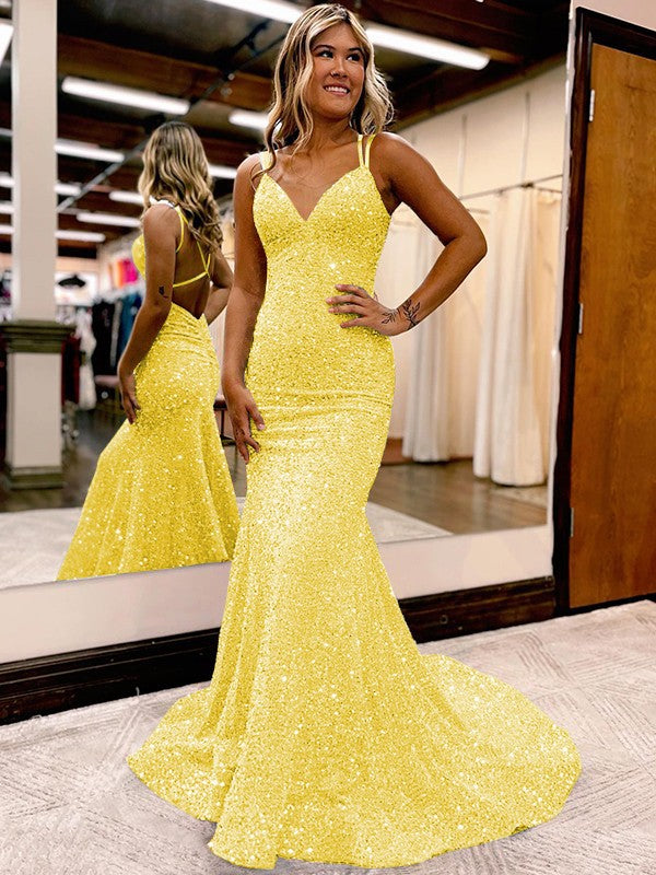 Sheath/Column Velvet Sequins Ruched V-neck Sleeveless Sweep/Brush Train Prom Dress