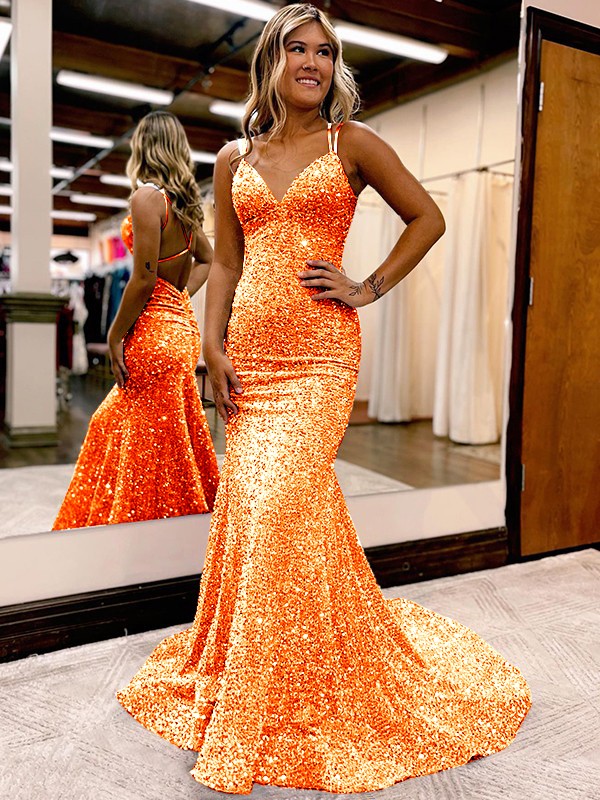 Sheath/Column Velvet Sequins Ruched V-neck Sleeveless Sweep/Brush Train Prom Dress