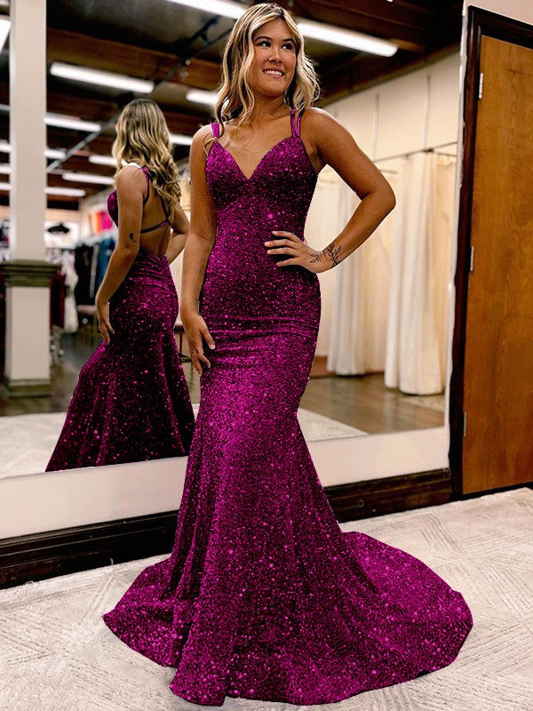 Sheath/Column Velvet Sequins Ruched V-neck Sleeveless Sweep/Brush Train Prom Dress
