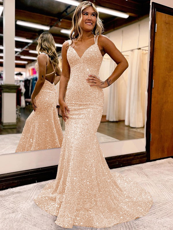 Sheath/Column Velvet Sequins Ruched V-neck Sleeveless Sweep/Brush Train Prom Dress