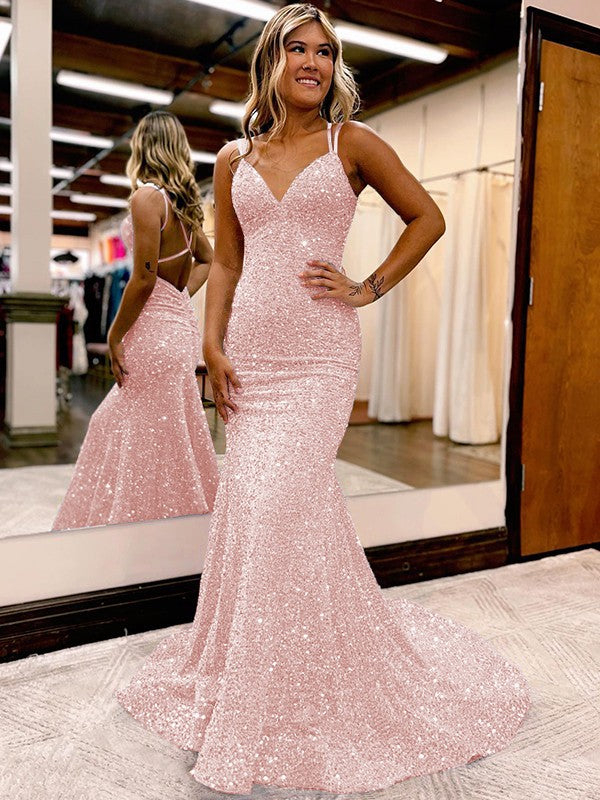 Sheath/Column Velvet Sequins Ruched V-neck Sleeveless Sweep/Brush Train Prom Dress