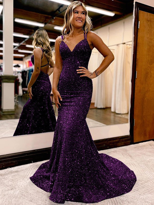 Sheath/Column Velvet Sequins Ruched V-neck Sleeveless Sweep/Brush Train Prom Dress