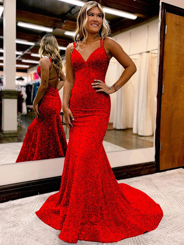Sheath/Column Velvet Sequins Ruched V-neck Sleeveless Sweep/Brush Train Prom Dress