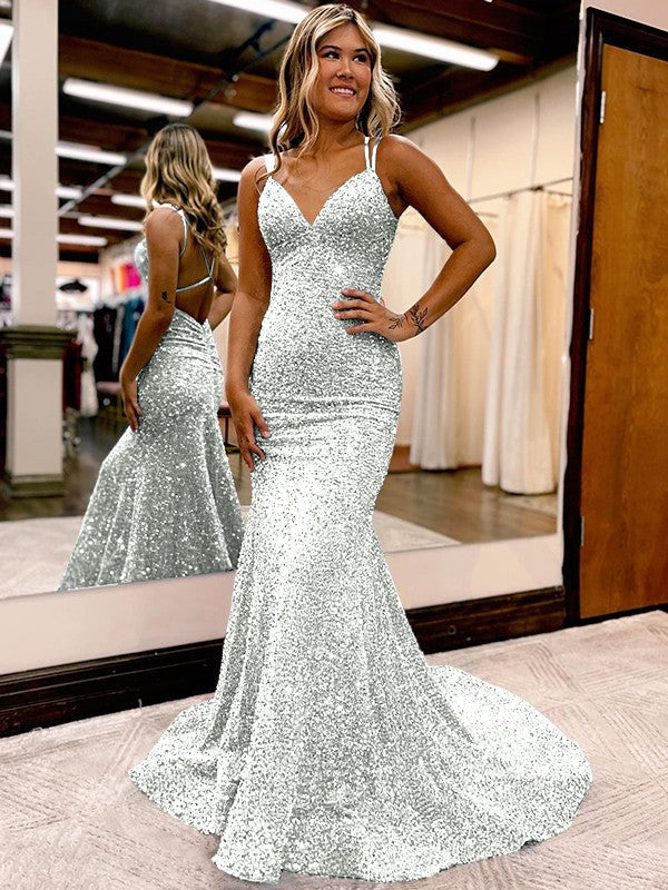 Sheath/Column Velvet Sequins Ruched V-neck Sleeveless Sweep/Brush Train Prom Dress