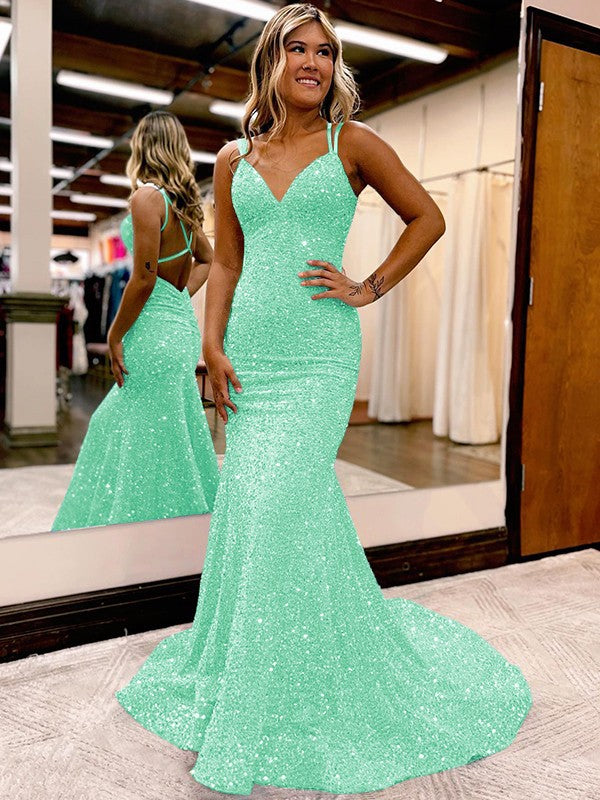 Sheath/Column Velvet Sequins Ruched V-neck Sleeveless Sweep/Brush Train Prom Dress