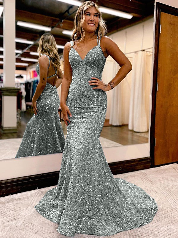 Sheath/Column Velvet Sequins Ruched V-neck Sleeveless Sweep/Brush Train Prom Dress