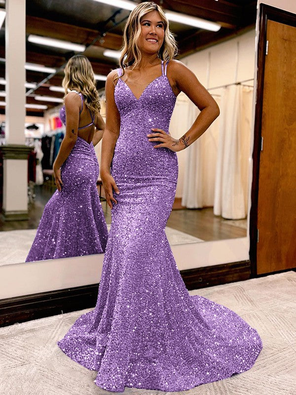 Sheath/Column Velvet Sequins Ruched V-neck Sleeveless Sweep/Brush Train Prom Dress