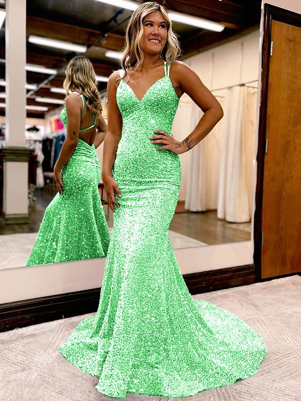 Sheath/Column Velvet Sequins Ruched V-neck Sleeveless Sweep/Brush Train Prom Dress