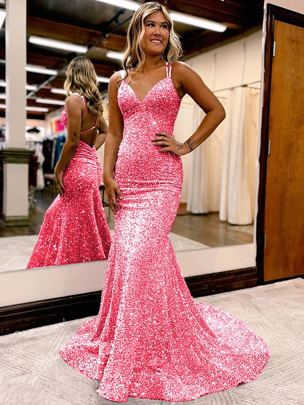 Sheath/Column Velvet Sequins Ruched V-neck Sleeveless Sweep/Brush Train Prom Dress