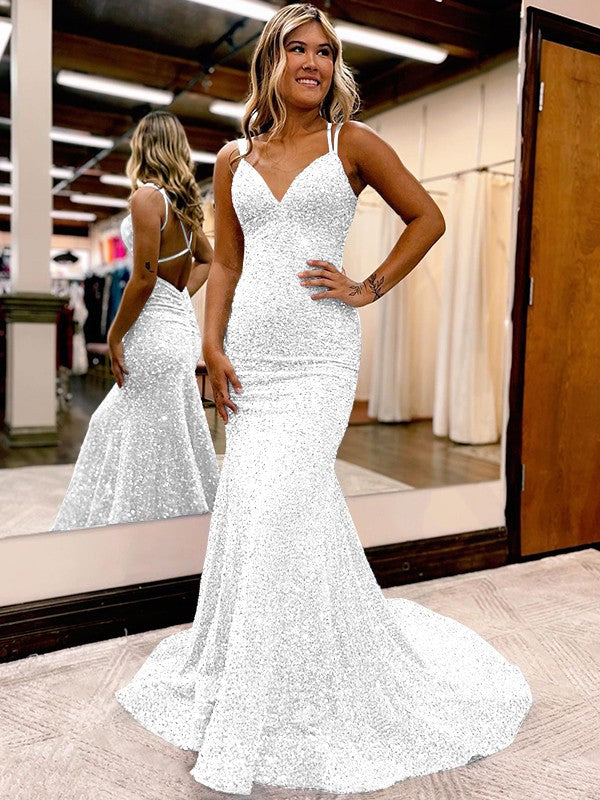 Sheath/Column Velvet Sequins Ruched V-neck Sleeveless Sweep/Brush Train Prom Dress