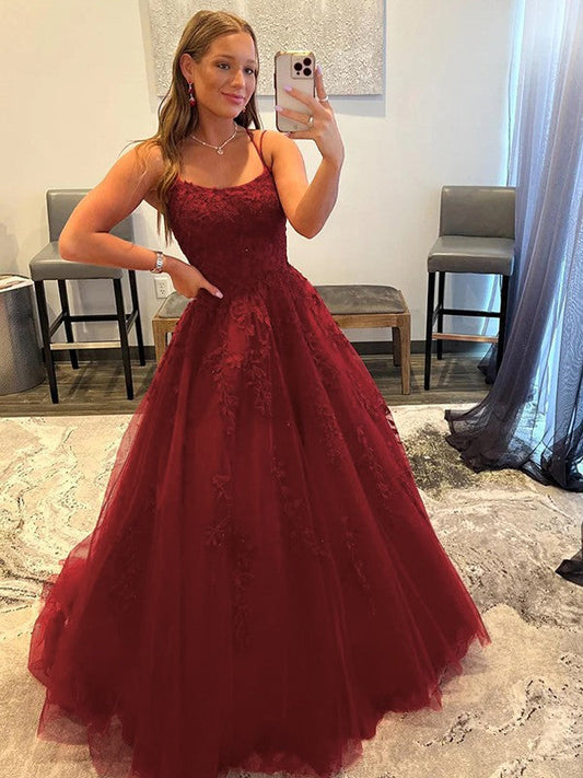 Ball Gown Tulle Applique Spaghetti Straps Sleeveless Sweep/Brush Train Corset Prom Dress