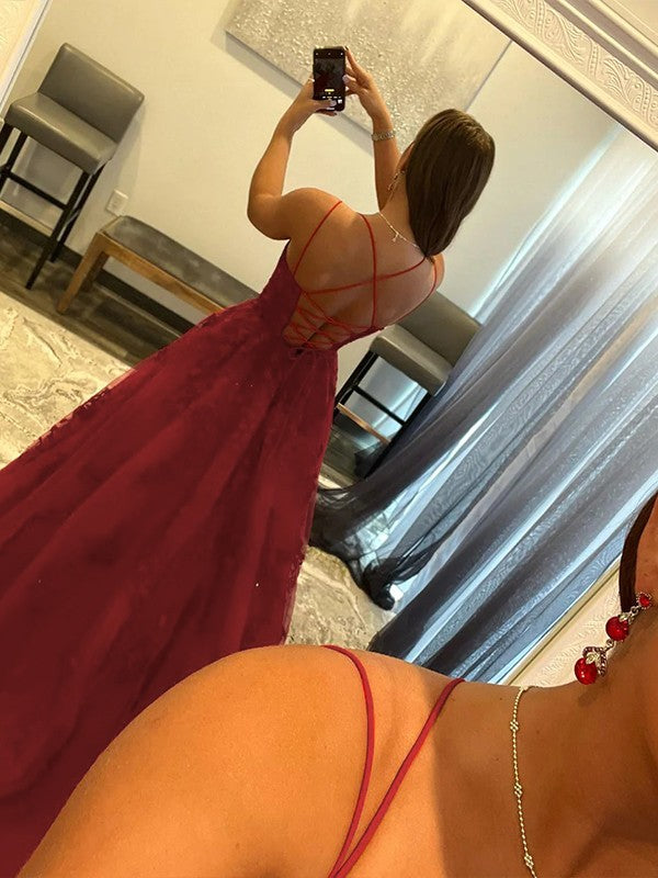 Ball Gown Tulle Applique Spaghetti Straps Sleeveless Sweep/Brush Train Corset Prom Dress