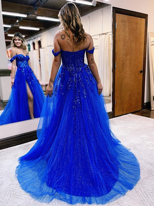 A-Line/Princess Tulle Applique Off-the-Shoulder Sleeveless Sweep/Brush Train Corset Prom Dress