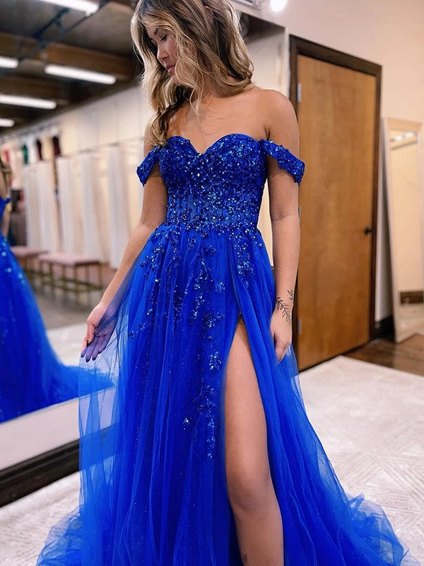 A-Line/Princess Tulle Applique Off-the-Shoulder Sleeveless Sweep/Brush Train Corset Prom Dress