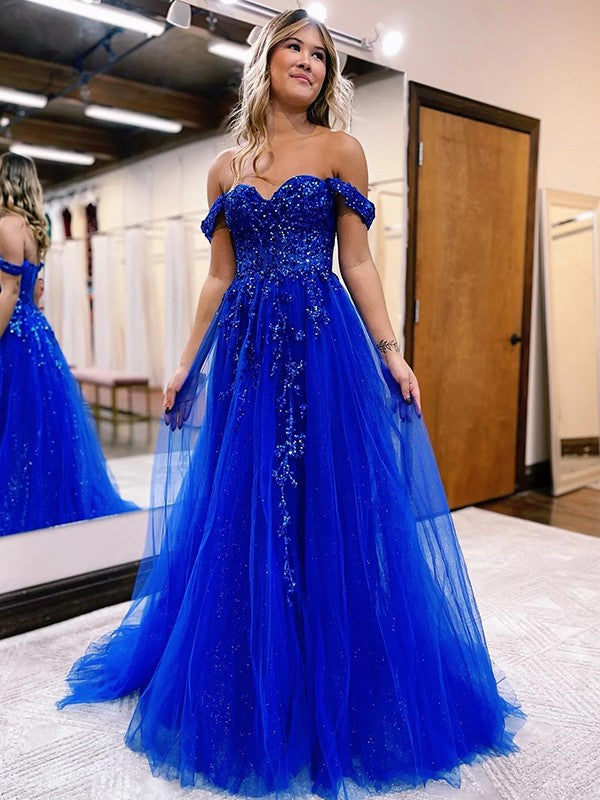 A-Line/Princess Tulle Applique Off-the-Shoulder Sleeveless Sweep/Brush Train Corset Prom Dress