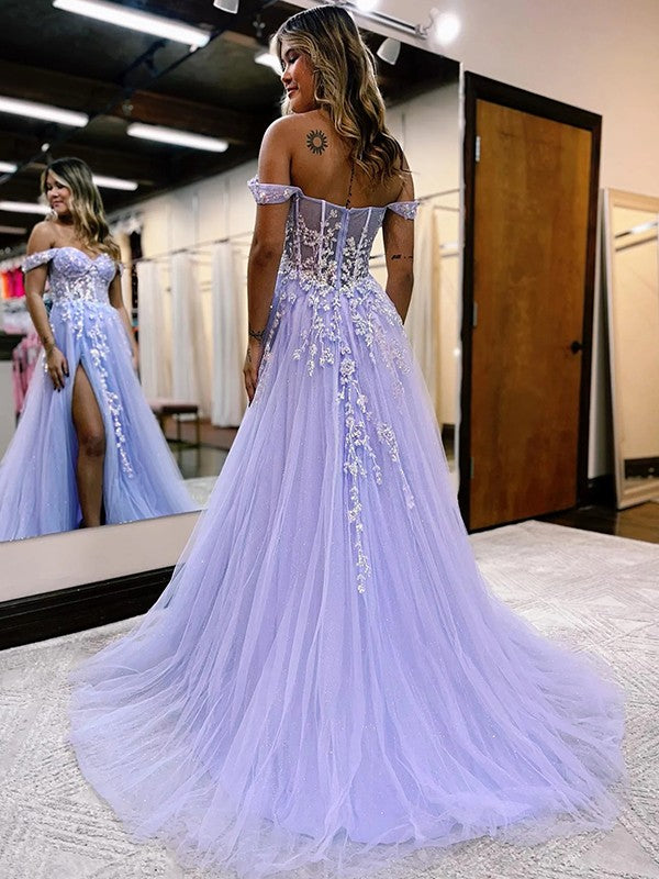 A-Line/Princess Tulle Applique Off-the-Shoulder Sleeveless Sweep/Brush Train Corset Prom Dress