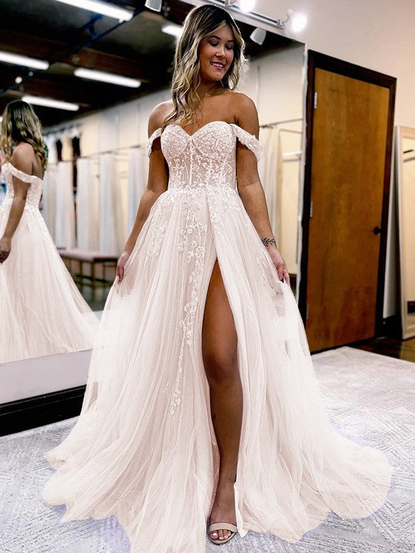 A-Line/Princess Tulle Applique Off-the-Shoulder Sleeveless Sweep/Brush Train Corset Prom Dress