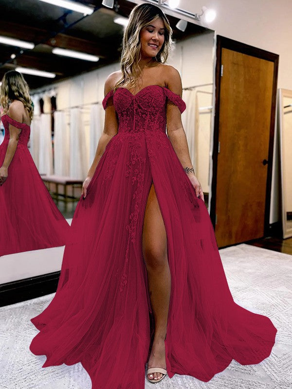 A-Line/Princess Tulle Applique Off-the-Shoulder Sleeveless Sweep/Brush Train Corset Prom Dress