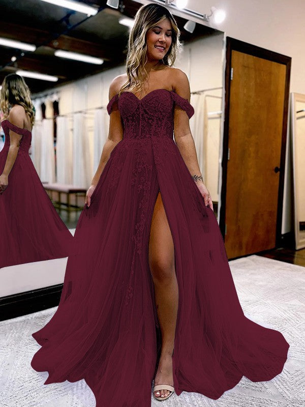A-Line/Princess Tulle Applique Off-the-Shoulder Sleeveless Sweep/Brush Train Corset Prom Dress