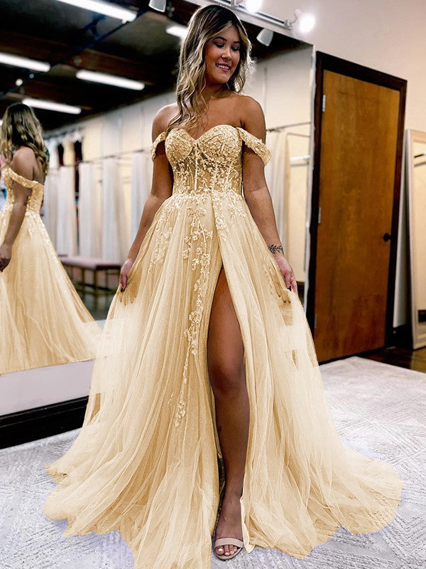 A-Line/Princess Tulle Applique Off-the-Shoulder Sleeveless Sweep/Brush Train Corset Prom Dress