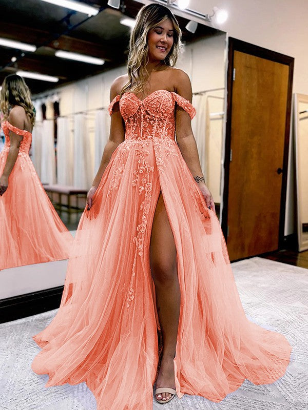A-Line/Princess Tulle Applique Off-the-Shoulder Sleeveless Sweep/Brush Train Corset Prom Dress