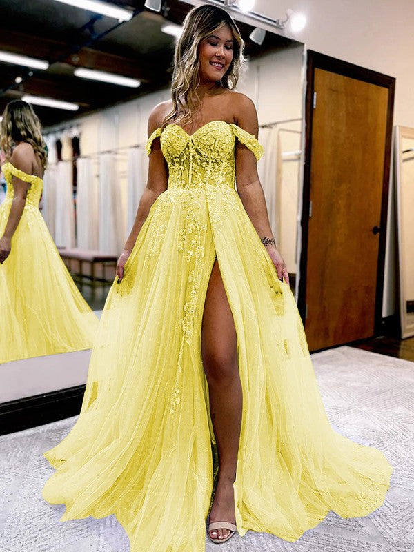 A-Line/Princess Tulle Applique Off-the-Shoulder Sleeveless Sweep/Brush Train Corset Prom Dress