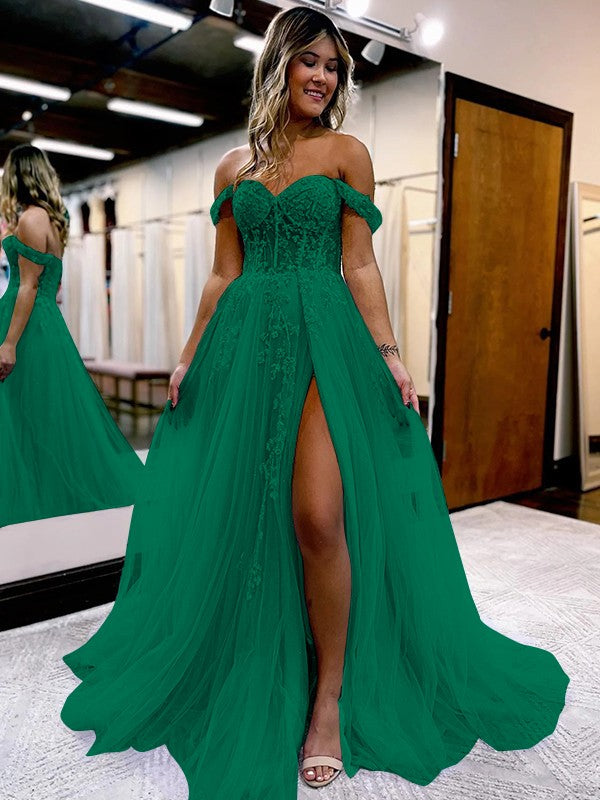A-Line/Princess Tulle Applique Off-the-Shoulder Sleeveless Sweep/Brush Train Corset Prom Dress