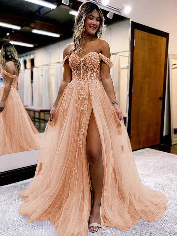 A-Line/Princess Tulle Applique Off-the-Shoulder Sleeveless Sweep/Brush Train Corset Prom Dress