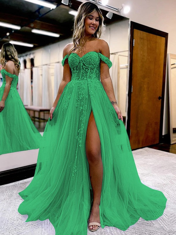 A-Line/Princess Tulle Applique Off-the-Shoulder Sleeveless Sweep/Brush Train Corset Prom Dress