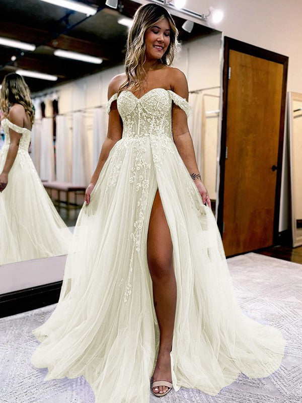 A-Line/Princess Tulle Applique Off-the-Shoulder Sleeveless Sweep/Brush Train Corset Prom Dress