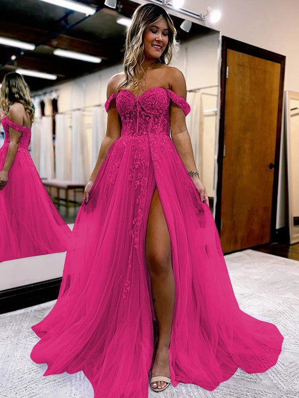 A-Line/Princess Tulle Applique Off-the-Shoulder Sleeveless Sweep/Brush Train Corset Prom Dress