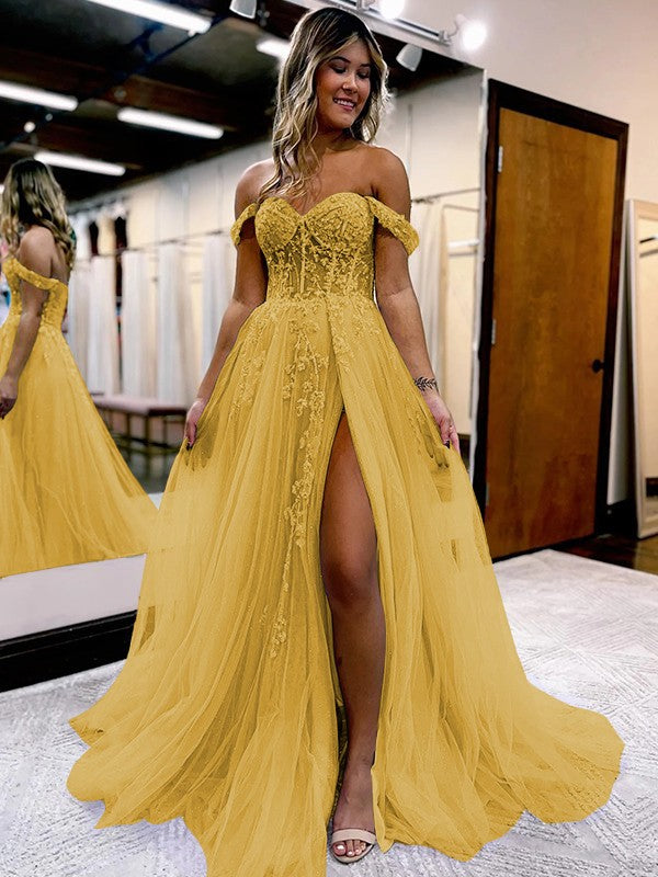 A-Line/Princess Tulle Applique Off-the-Shoulder Sleeveless Sweep/Brush Train Corset Prom Dress
