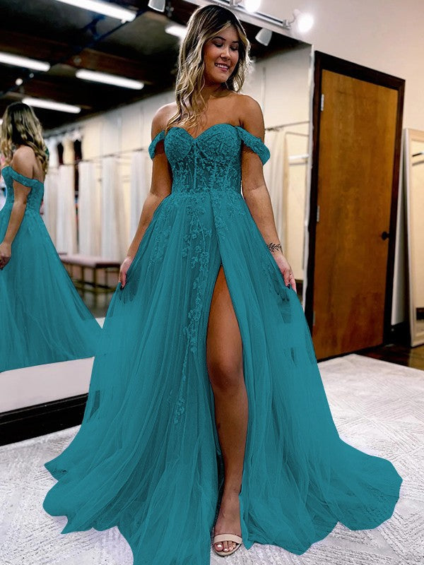 A-Line/Princess Tulle Applique Off-the-Shoulder Sleeveless Sweep/Brush Train Corset Prom Dress