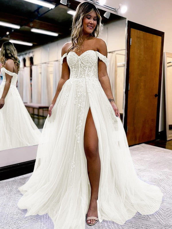 A-Line/Princess Tulle Applique Off-the-Shoulder Sleeveless Sweep/Brush Train Corset Prom Dress