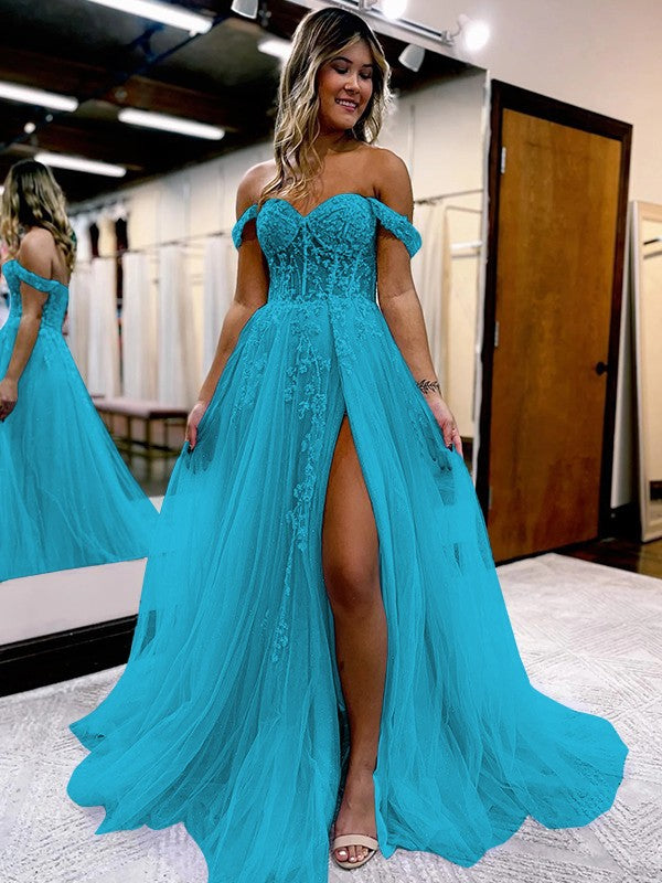 A-Line/Princess Tulle Applique Off-the-Shoulder Sleeveless Sweep/Brush Train Corset Prom Dress