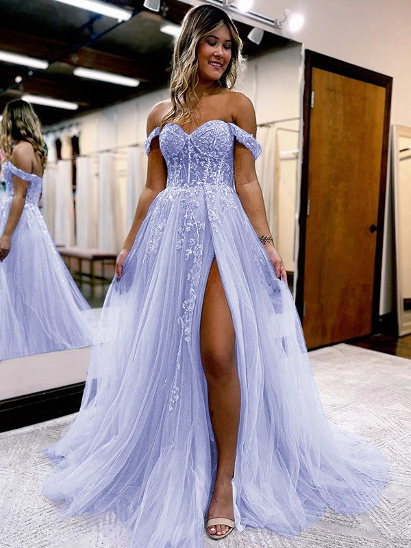 A-Line/Princess Tulle Applique Off-the-Shoulder Sleeveless Sweep/Brush Train Corset Prom Dress