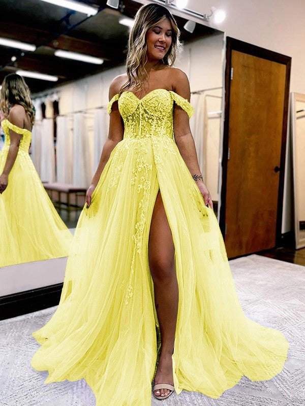A-Line/Princess Tulle Applique Off-the-Shoulder Sleeveless Sweep/Brush Train Corset Prom Dress