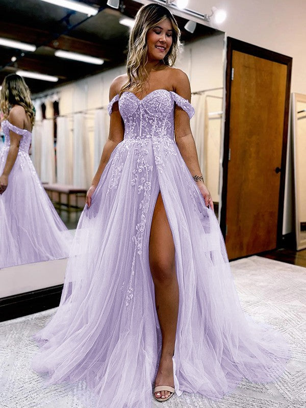 A-Line/Princess Tulle Applique Off-the-Shoulder Sleeveless Sweep/Brush Train Corset Prom Dress