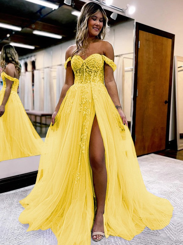 A-Line/Princess Tulle Applique Off-the-Shoulder Sleeveless Sweep/Brush Train Corset Prom Dress