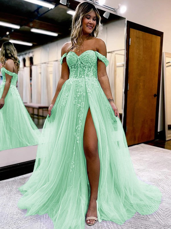 A-Line/Princess Tulle Applique Off-the-Shoulder Sleeveless Sweep/Brush Train Corset Prom Dress