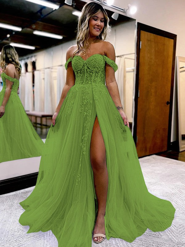 A-Line/Princess Tulle Applique Off-the-Shoulder Sleeveless Sweep/Brush Train Corset Prom Dress